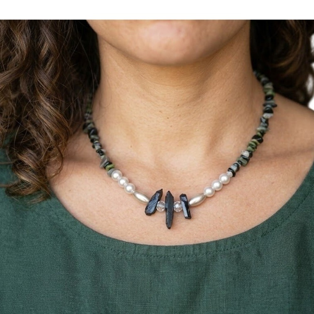 Handmade Green Jade Black Tourmaline Point Faux Pearl Beaded‎ Statement Necklace